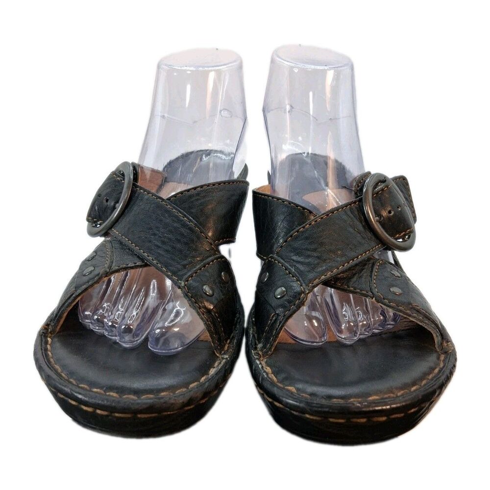 Born Women's Black Leather Strappy Wedge Sandals Buckle Slide Comfort Shoes Sz 9